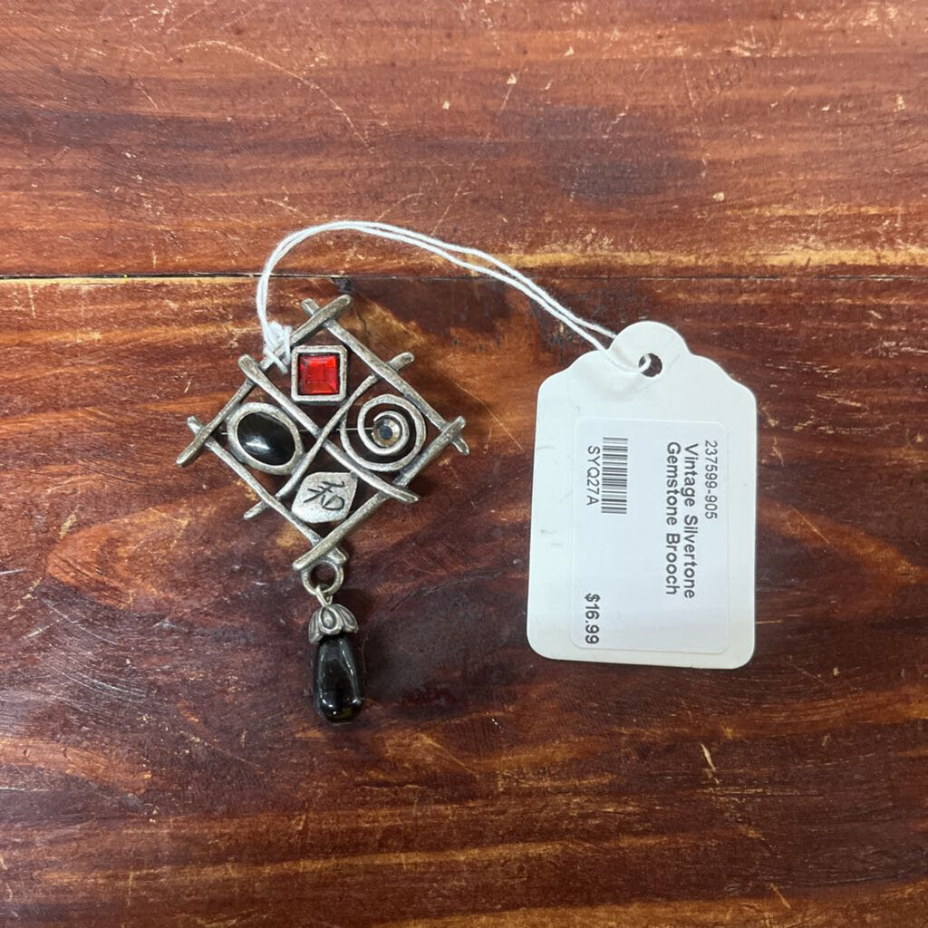 Vintage Silvertone Gemstone Brooch