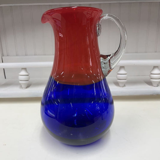 HAND BLOWN ORANGE & BLUE GLASS PITCHER-Thriftique Marketplace