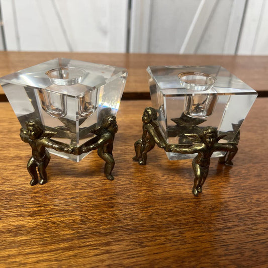 BRASS AND GLASS CANDLEHOLDERS