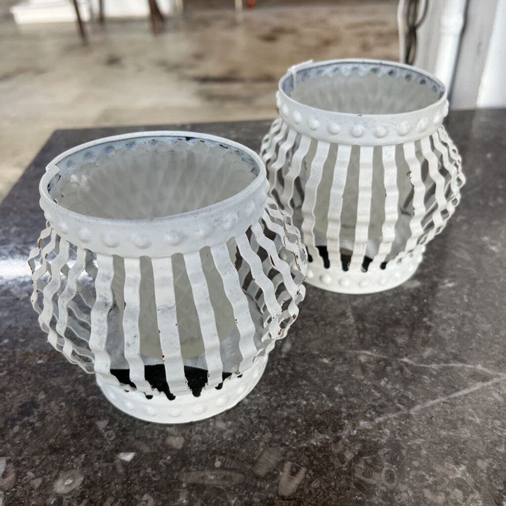 PAIR MID CENTURY MODERN FROSTED DIAMOND LITE & METAL CANDLEHOLDERS-Thriftique Marketplace