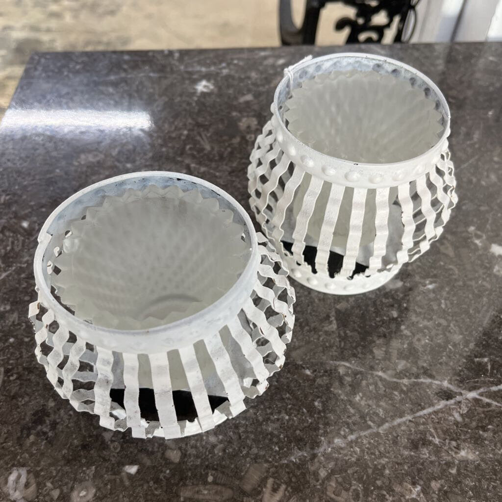 PAIR MID CENTURY MODERN FROSTED DIAMOND LITE & METAL CANDLEHOLDERS-Thriftique Marketplace