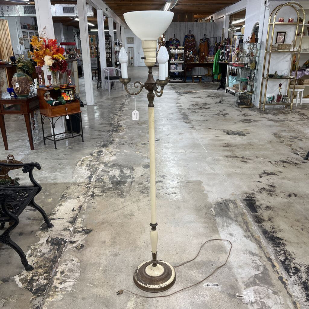 Old Enamel 4 Light Pole Lamp Milk Glass Globe