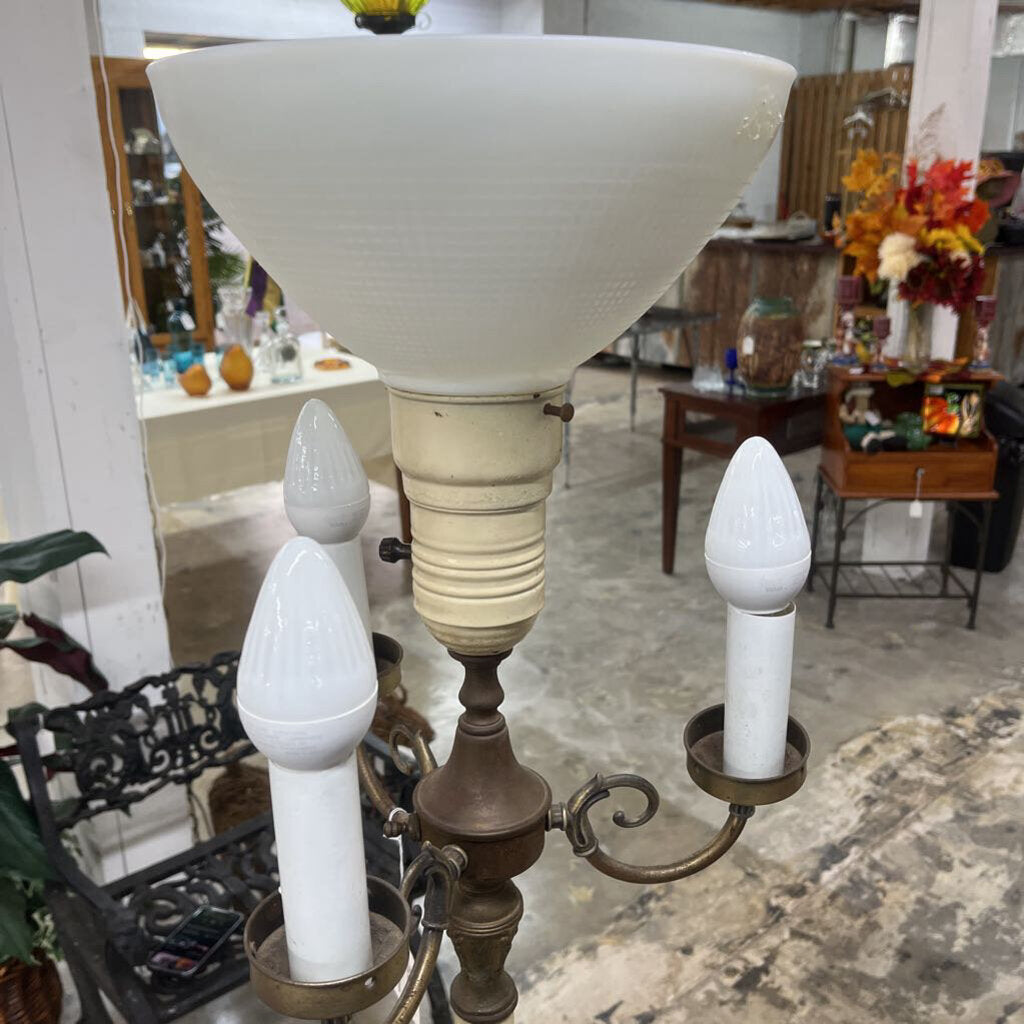 Old Enamel 4 Light Pole Lamp Milk Glass Globe