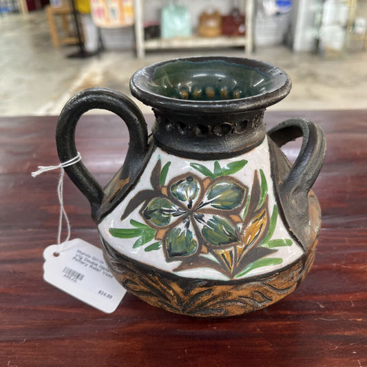 Vtg Double Handle Pottery Relief Vase