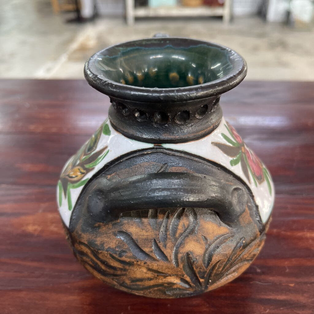 VINTAGE DOUBLE HANDLE POTTERY RELIEF VASE-Thriftique Marketplace