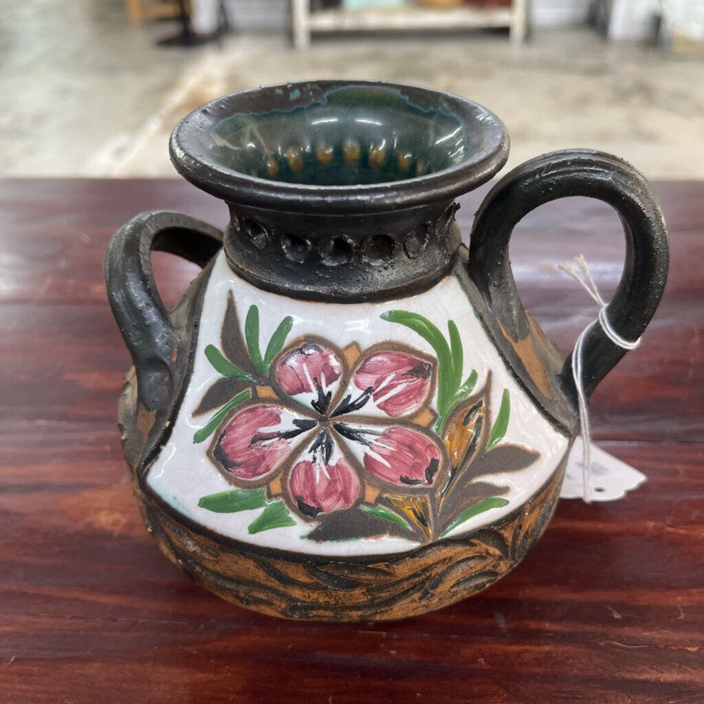 VINTAGE DOUBLE HANDLE POTTERY RELIEF VASE-Thriftique Marketplace