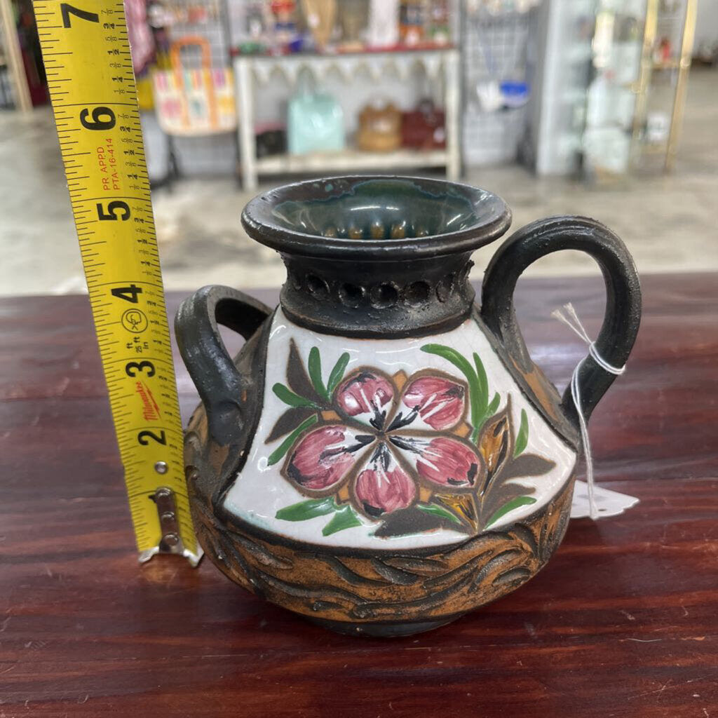 Vtg Double Handle Pottery Relief Vase