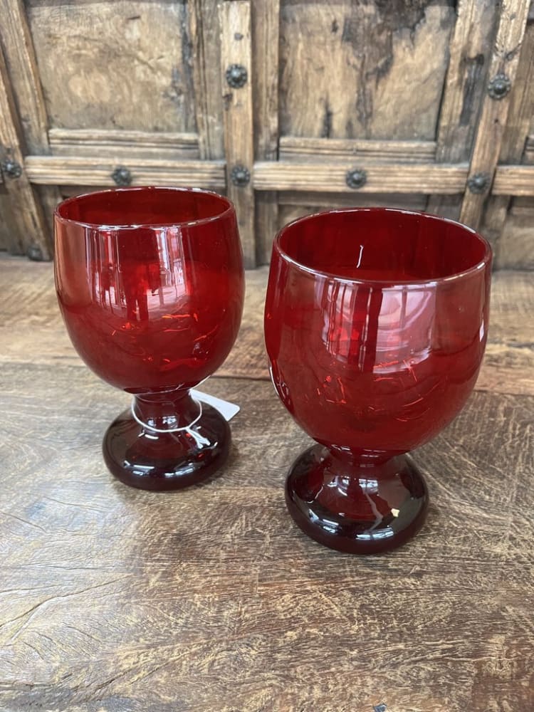 PAIR HEAVY RED ART GLASS GOBLETS