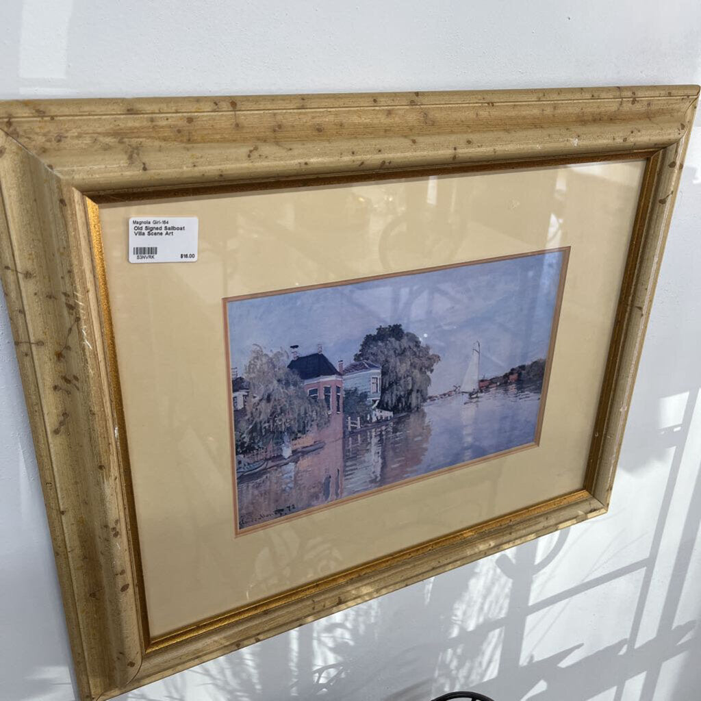 OLD SIGNED SAILBOAT VILLA SCENE ART