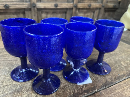 6pc Blue Art Glass Goblets