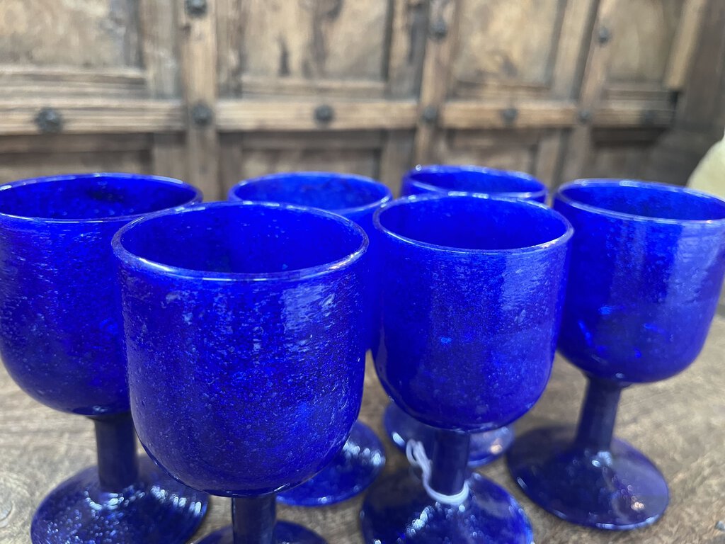 6pc Blue Art Glass Goblets