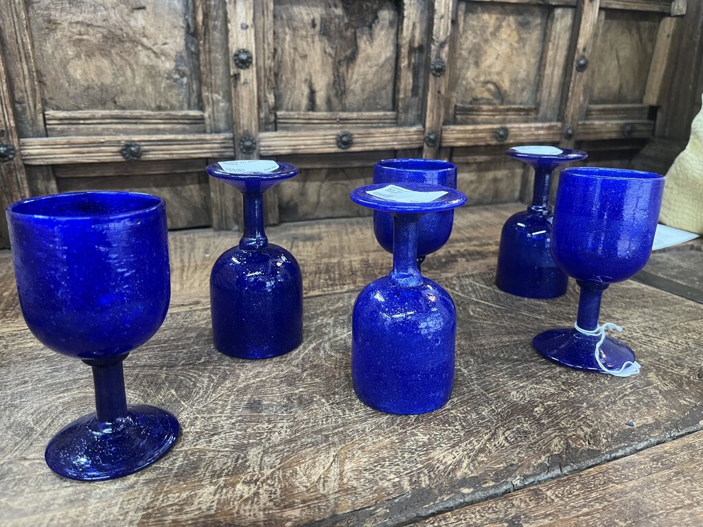 6pc Blue Art Glass Goblets
