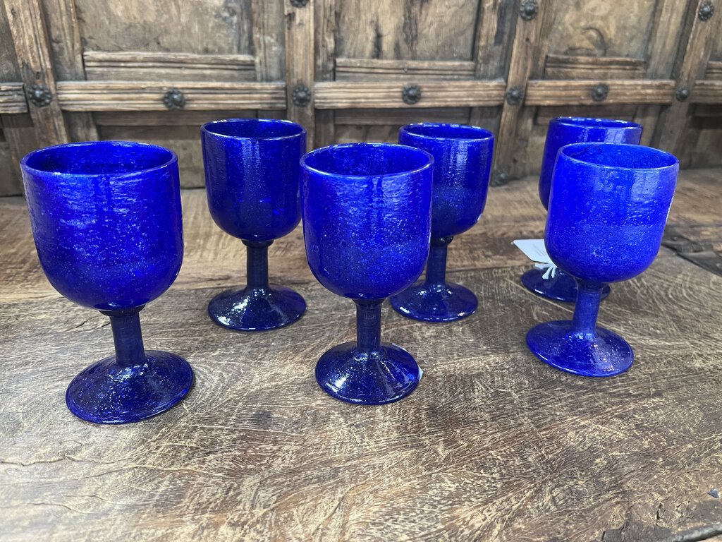 6pc Blue Art Glass Goblets