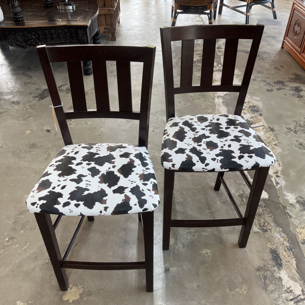 PAIR ANIMAL PRINT WOOD BARSTOOLS - PLEASE READ DESCRIPTION