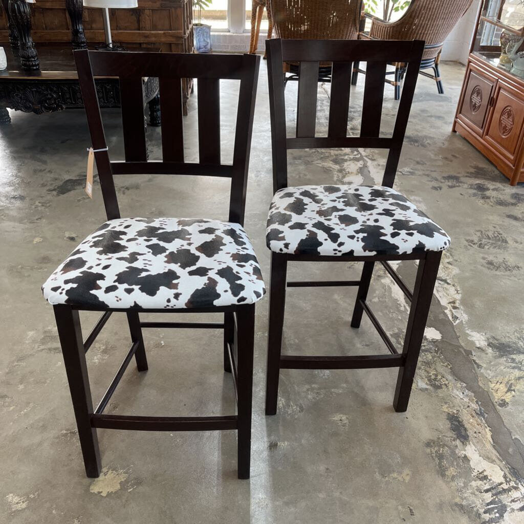 PAIR ANIMAL PRINT WOOD BARSTOOLS - PLEASE READ DESCRIPTION