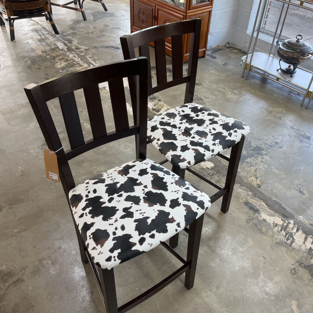 PAIR ANIMAL PRINT WOOD BARSTOOLS - PLEASE READ DESCRIPTION