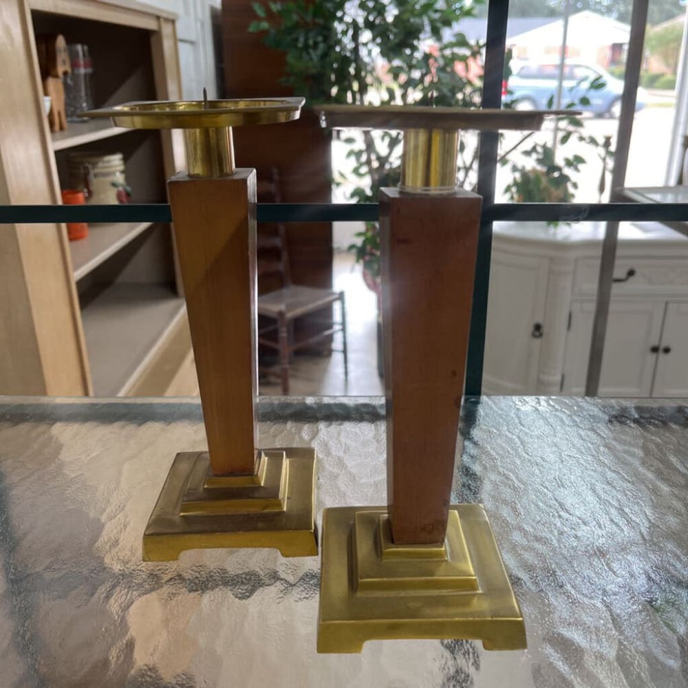 PAIR MCM TEAK/WALNUT & BRASS CANDLESTICKS
