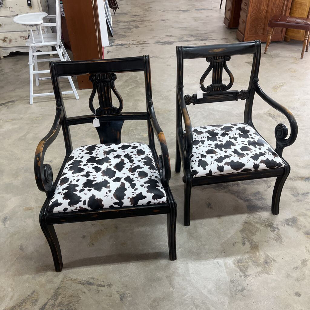 PAIR BLACK HIS AND HERS ANIMAL PRINT HARP CHAIRS - PLEASE READ DESCRIPTION