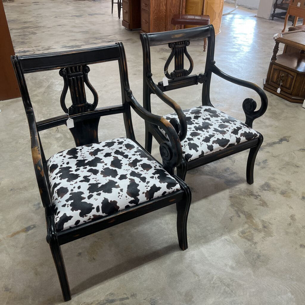 PAIR BLACK HIS AND HERS ANIMAL PRINT HARP CHAIRS - PLEASE READ DESCRIPTION