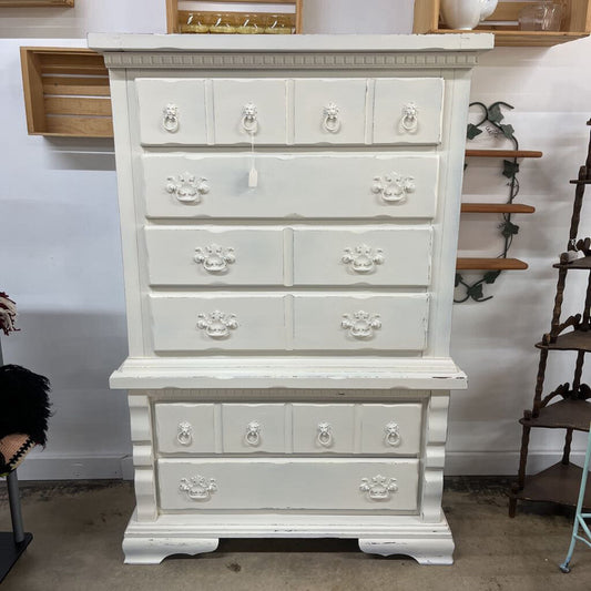 WHITE DISTRESSED SOLID WOOD 6 DRAWER CHEST OF DRAWERS