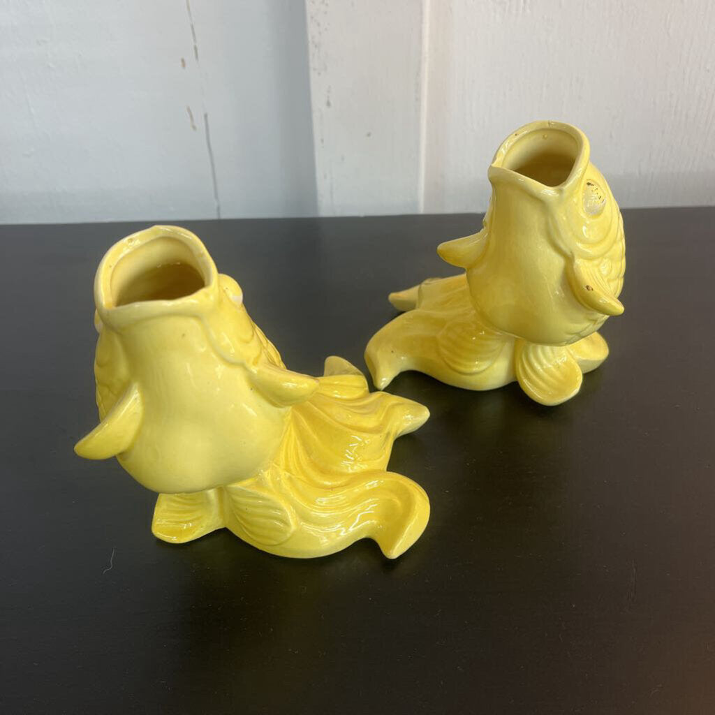 PAIR NORLEANS YELLOW CERAMIC FISH PLANTERS SET