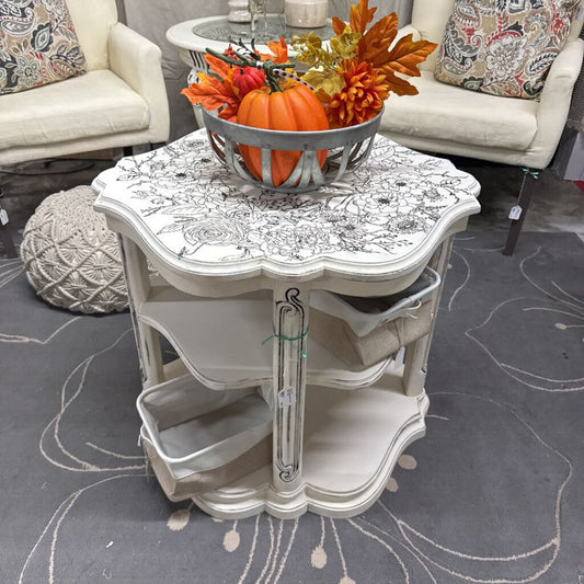 WHITE DISTRESSED FLORAL END TABLE - PLEASE READ DESCRIPTION