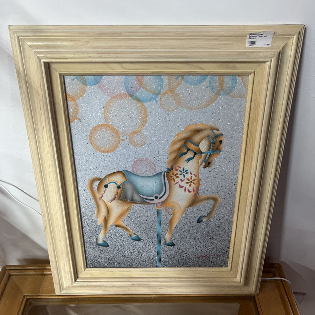 SIGNED FRAMED CAROUSEL HORSE ON CANVAS