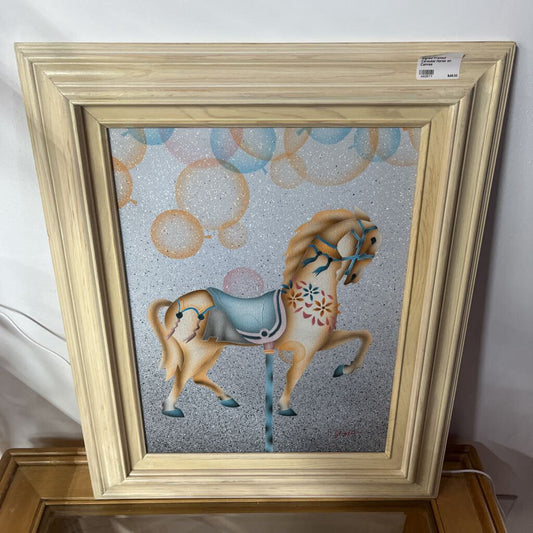 SIGNED FRAMED CAROUSEL HORSE ON CANVAS