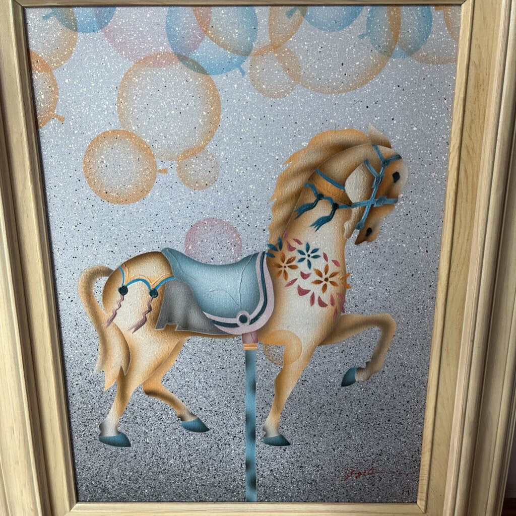 SIGNED FRAMED CAROUSEL HORSE ON CANVAS