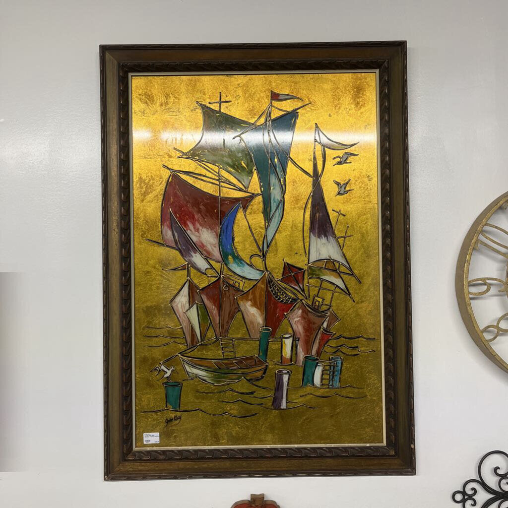 LARGE MID CENTURY MODERN SHIP REVERSE PAINTED FOIL ART - PLEASE READ DESCRIPTION