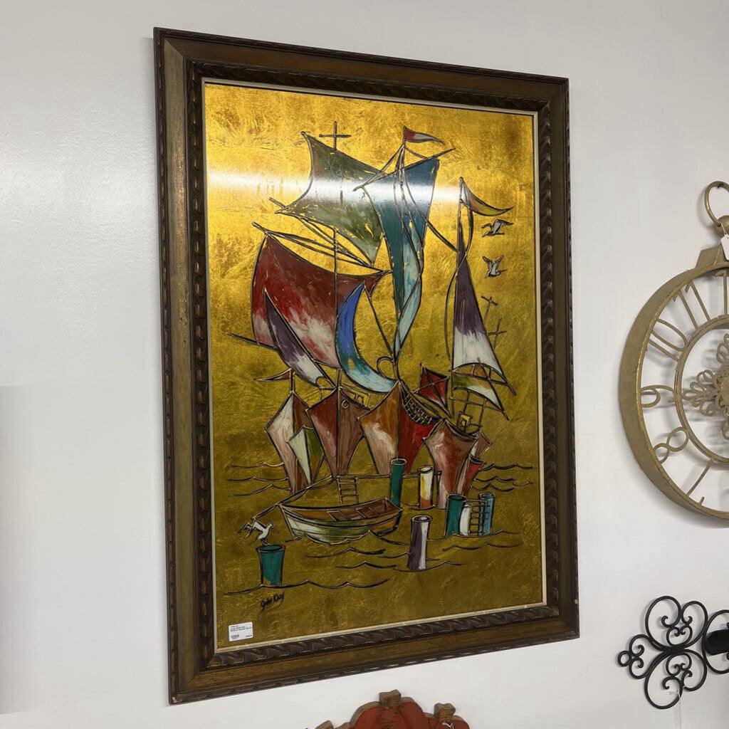 LARGE MID CENTURY MODERN SHIP REVERSE PAINTED FOIL ART - PLEASE READ DESCRIPTION