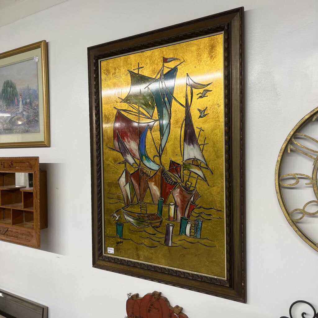 LARGE MID CENTURY MODERN SHIP REVERSE PAINTED FOIL ART - PLEASE READ DESCRIPTION