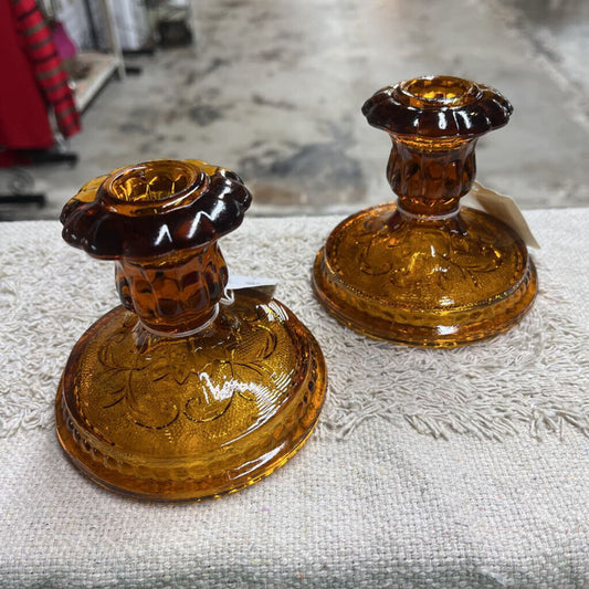 PAIR AMBER TIARA GLASS CANDLEHOLDERS