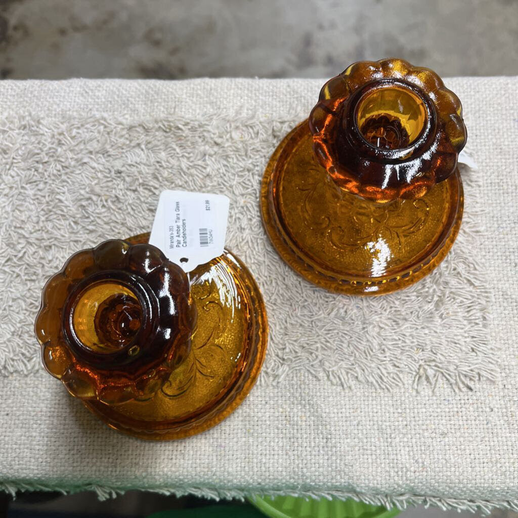 PAIR AMBER TIARA GLASS CANDLEHOLDERS
