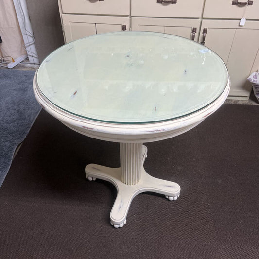 SOLID WOOD WHITE DISTRESSED TABLE WITH GLASS TOP - PLEASE READ DESCRIPTION