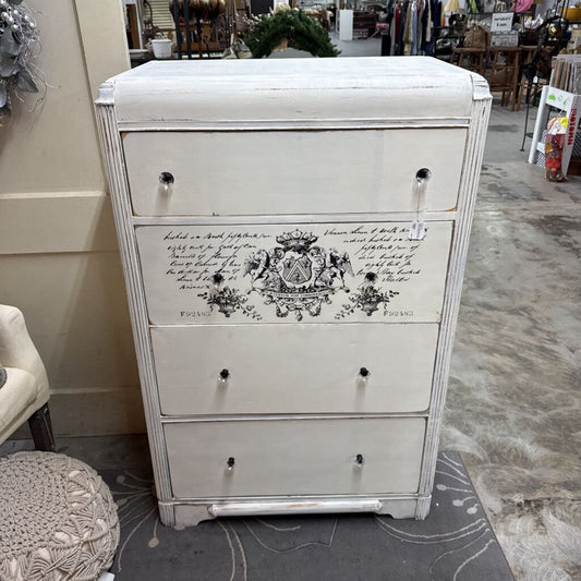 WHITE DISTRESSED FOUR DRAWER WATERFALL CHEST