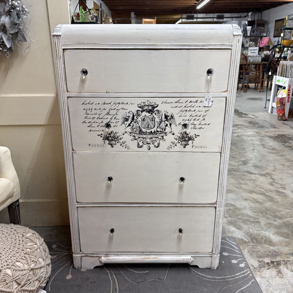 WHITE DISTRESSED FOUR DRAWER WATERFALL CHEST