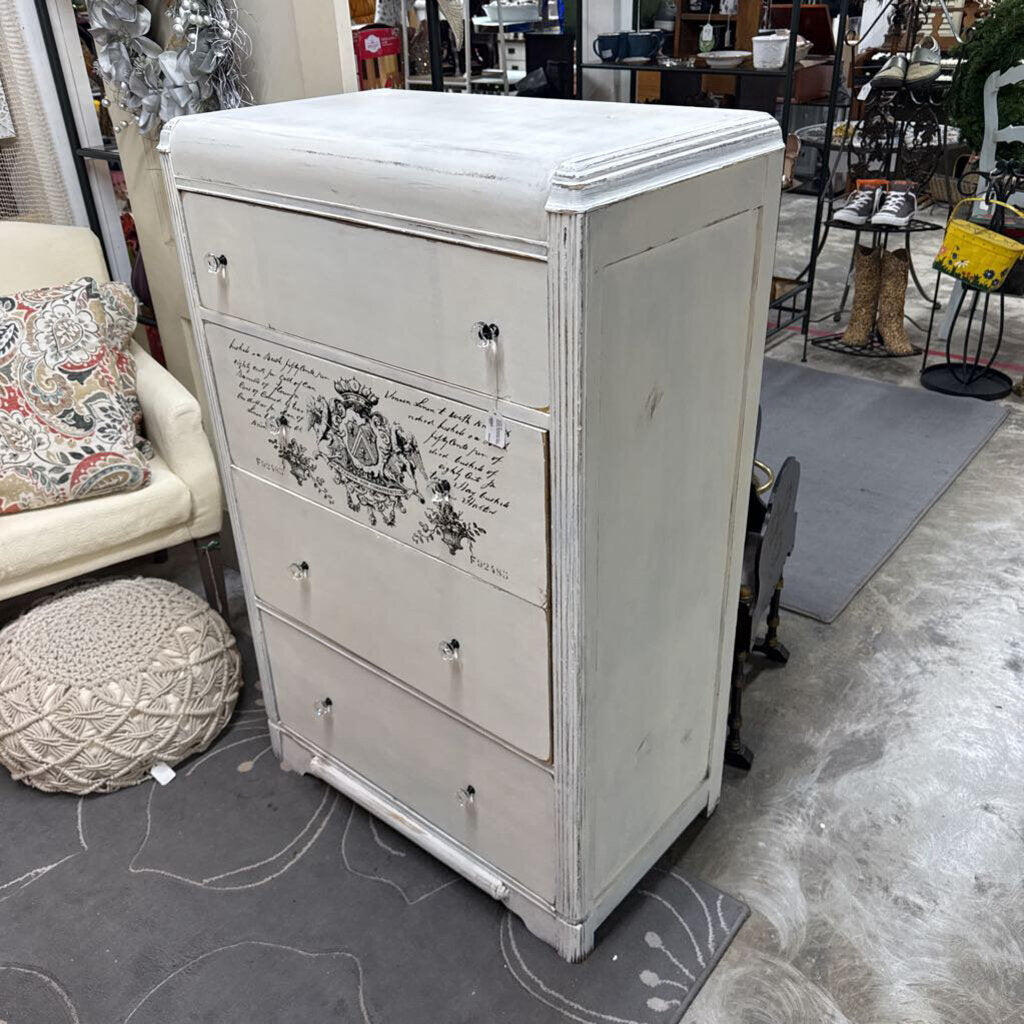 WHITE DISTRESSED FOUR DRAWER WATERFALL CHEST