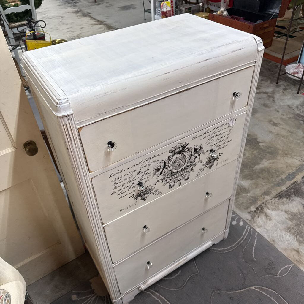 WHITE DISTRESSED FOUR DRAWER WATERFALL CHEST