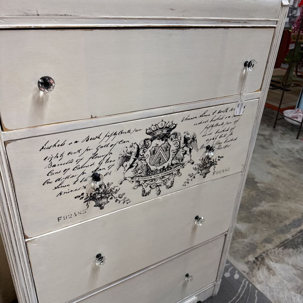 WHITE DISTRESSED FOUR DRAWER WATERFALL CHEST