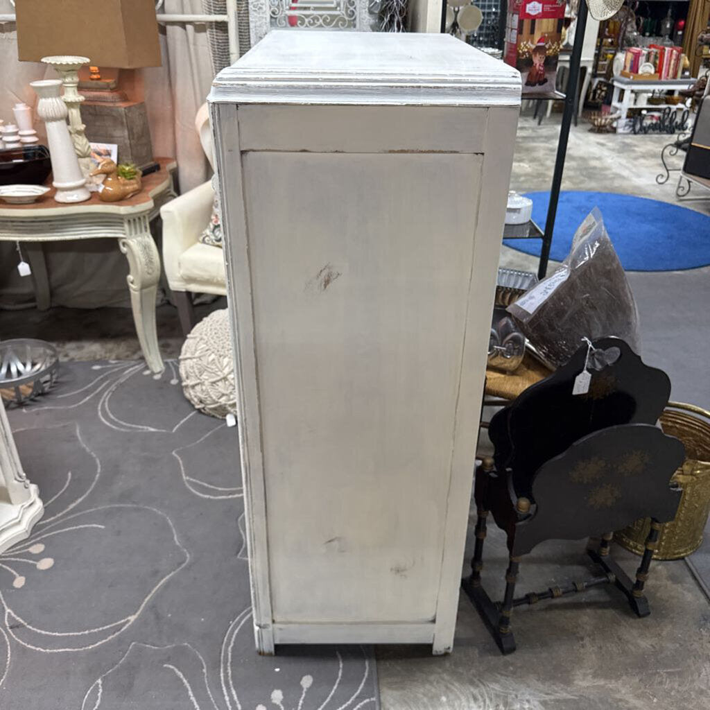 WHITE DISTRESSED FOUR DRAWER WATERFALL CHEST