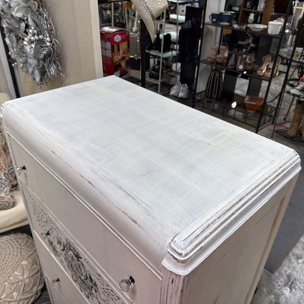 WHITE DISTRESSED FOUR DRAWER WATERFALL CHEST