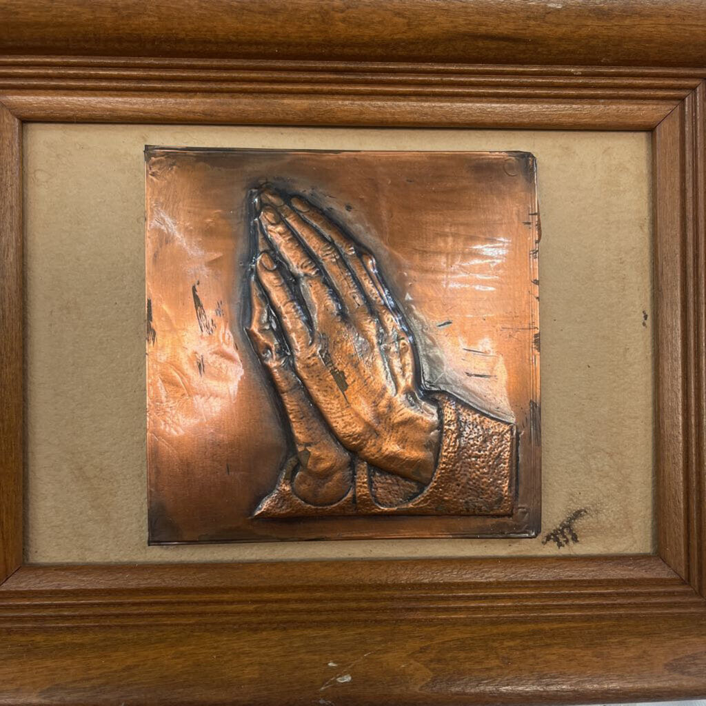 VINTAGE COPPER ART FRAMED PRAYING HANDS
