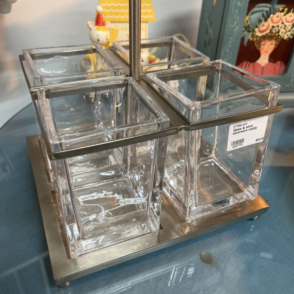 Glass & silver silverware caddy