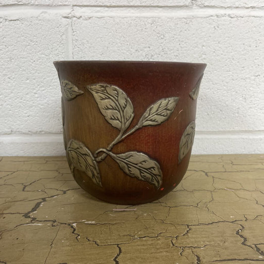 VINTAGE CERAMIC PLANTER BROWN WITH GOLD LEAF