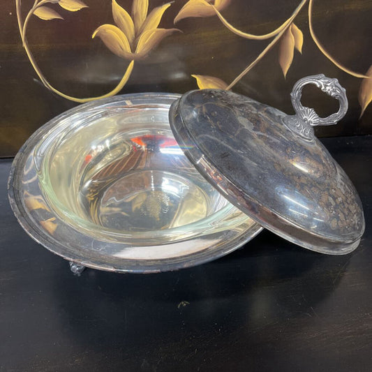 SILVER COVERED SERVING DISH WITH PYREX