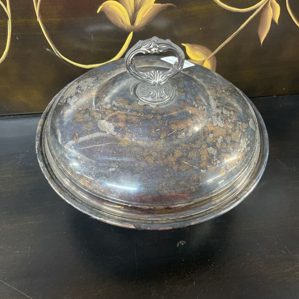 Silver covered serving dish with Pyrex
