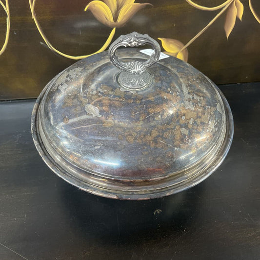 Silver covered serving dish with Pyrex