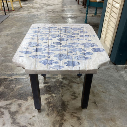 TABLE, VINTAGE RECLAIMED WOOD W/WOODEN WHEELS, BLUE FISH