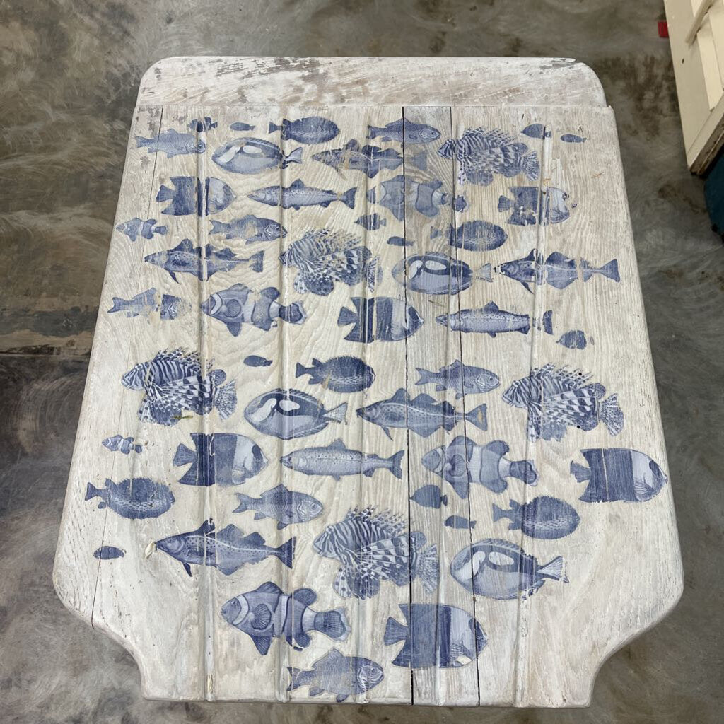 TABLE, VINTAGE RECLAIMED WOOD W/WOODEN WHEELS, BLUE FISH